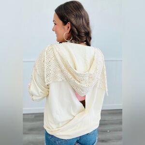 Cream Knit-Trim Hooded Pullover